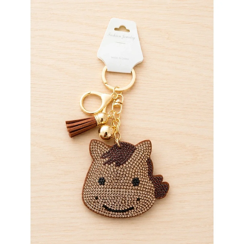 Cute Rhinestone Horse Pony Keychain Bag Charm Brown Gold Tone NWT